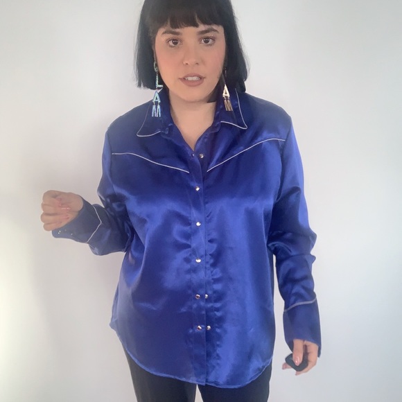 Vintage 80s Western Satin Slap Button Blouse S M L - Picture 2 of 8